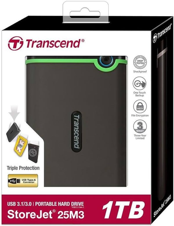 TRANSCEND 1 TB USB3 ANTISHOCK HDD (US MILITARY STANDARD), ONE TOUCH BACK UP, PASSWORD PROTECTION
